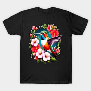 Cute Ruby Throated Hummingbird Surrounded by Spring Flowers T-Shirt